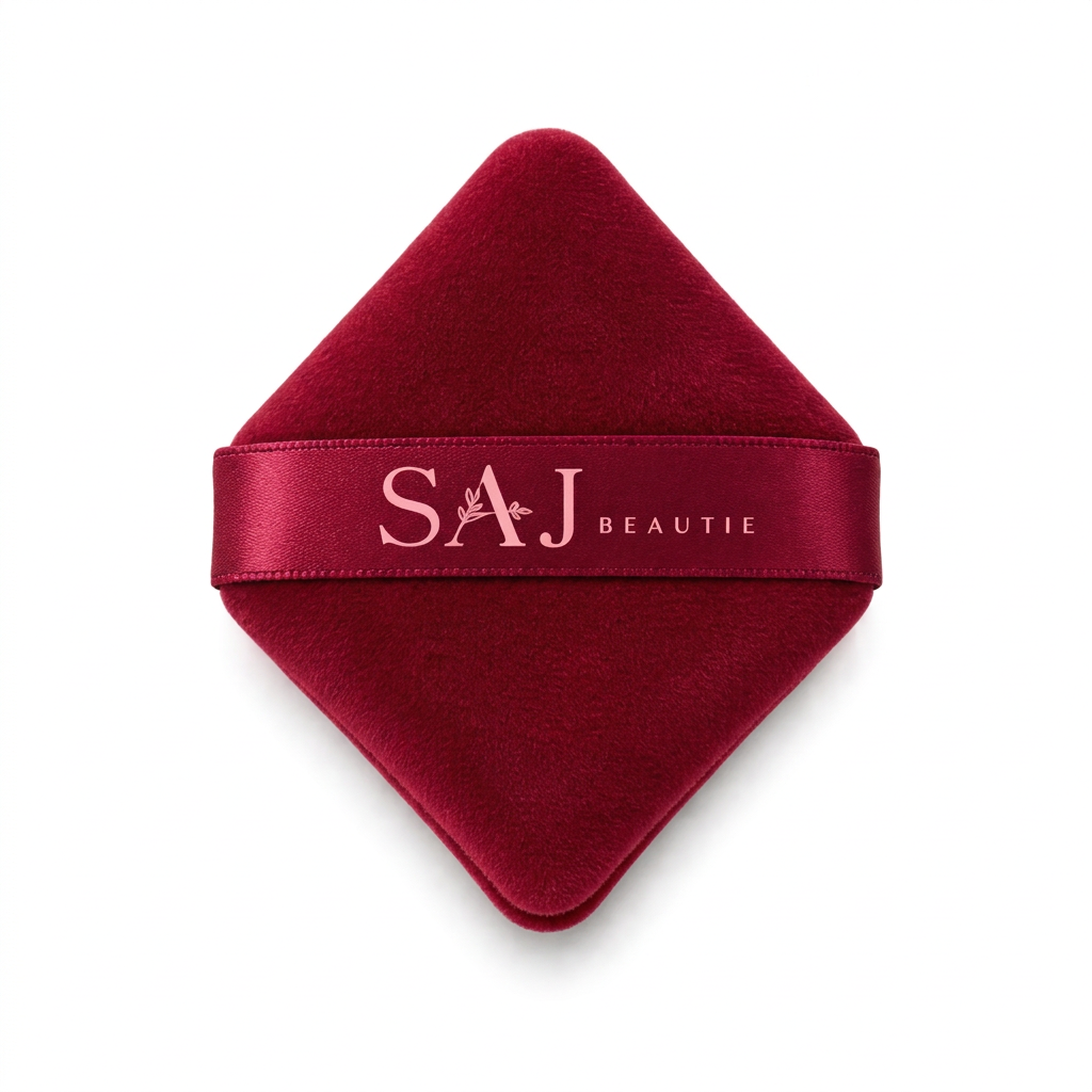 A deep red velvet makeup sponge with a satin ribbon band featuring the brand name 'SAJ BEAUTIE' in white, set against a plain white background.